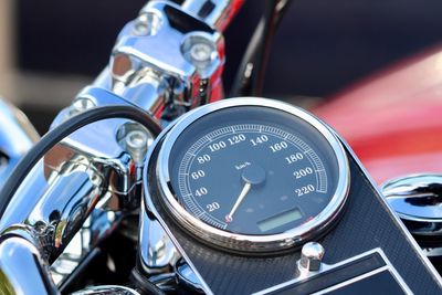 Close-up of speedometer on motorcycle