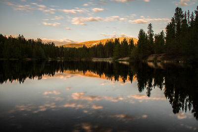 Scenic view of lake against sky at sunset