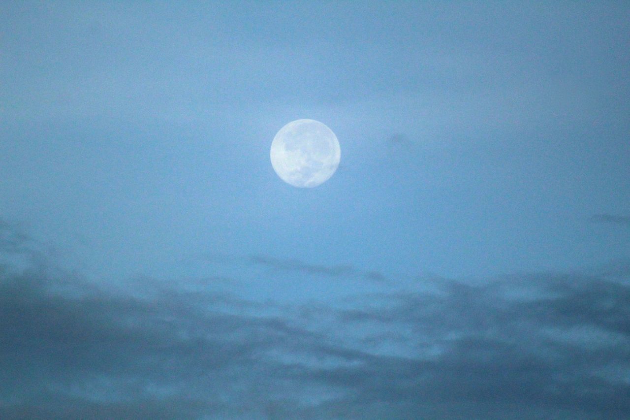 LOW ANGLE VIEW OF MOON AGAINST BLUE SKY