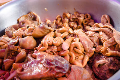 High angle view of meat on barbecue grill