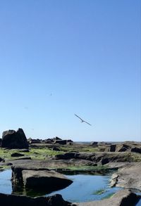 Scenic view of rocks against clear blue sky