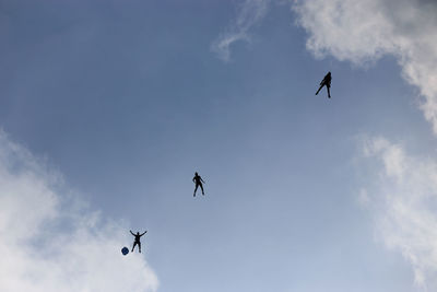 Low angle view of silhouette people paragliding against sky