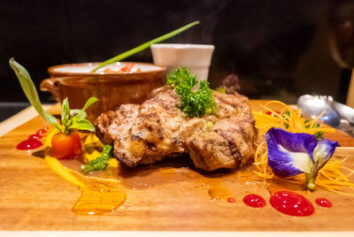 Close-up of food served on table