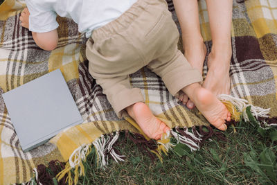 Low section of boy kneeling on blanket at park