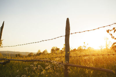 Fence on field against clear sky