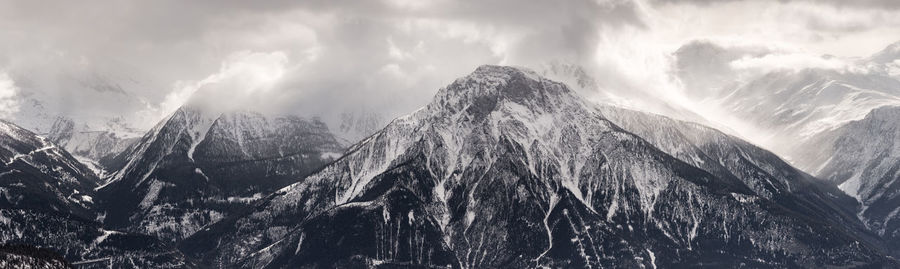 Panoramic view of snowcapped mountains against sky