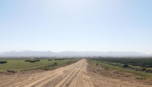 Dirt road amidst agricultural field against clear sky