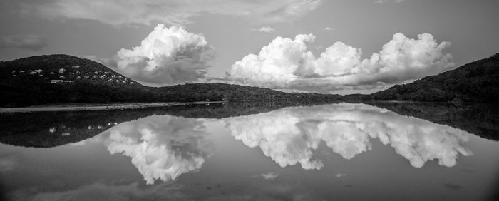 Panoramic view of lake and mountains against sky