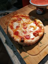 High angle view of pizza on table