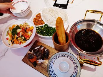 High angle view of meal served on table