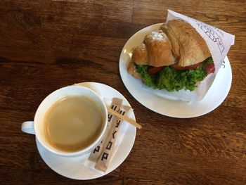 High angle view of breakfast served on table