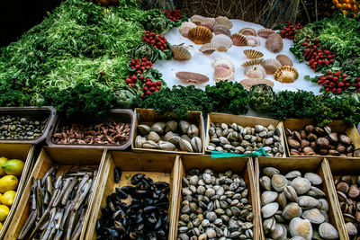 High angle view of fruits for sale at market stall