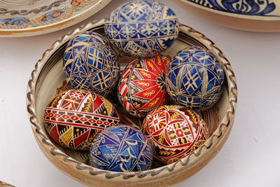 High angle view of decorated easter eggs