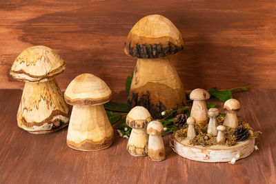 High angle view of mushrooms on table