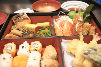 Close-up of japanese food in tray