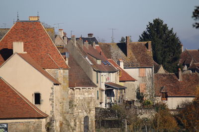 High angle view of residential buildings against sky