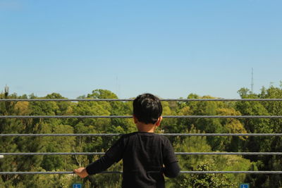 Rear view of boy looking at forest from observation point