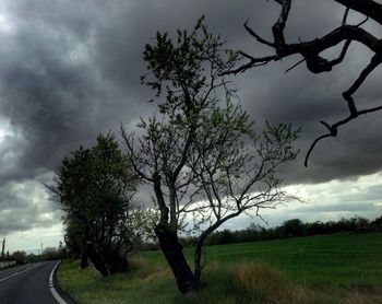 Road passing through field against cloudy sky