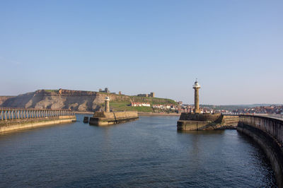 View of river and buildings against clear sky