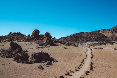 Scenic view of desert against clear blue sky