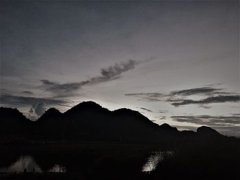 Scenic view of lake by silhouette mountain against sky