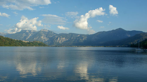 Scenic view of lake and mountains against sky