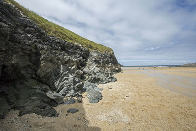 Scenic view of rocks on beach against sky