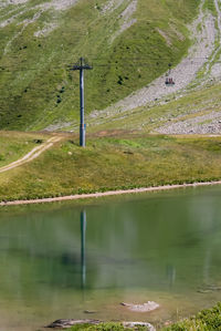 Scenic view of lake by mountain against sky