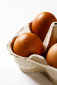 Close-up of eggs against white background