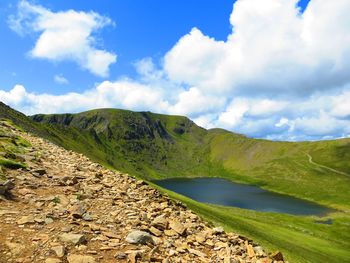 Scenic view of lake and mountains against sky