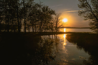 Silhouette trees by lake against sky during sunset