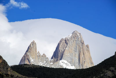 Panoramic view of snowcapped mountains against blue sky