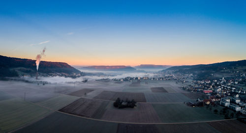 High angle view of airport runway against sky