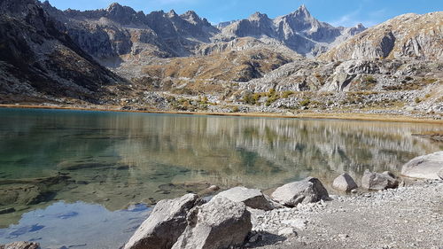 Scenic view of lake and mountains against sky