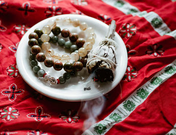 High angle view of dessert in plate on table