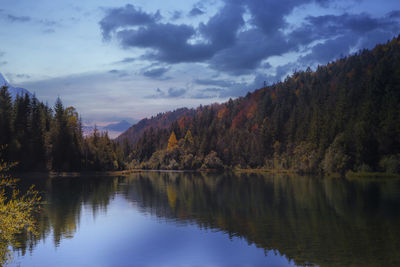 Scenic view of lake by trees against sky