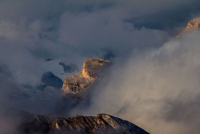 Aerial view of mountain range against cloudy sky