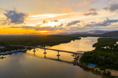 High angle view of river against sky during sunset