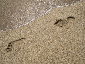 High angle view of footprints at beach on sunny day