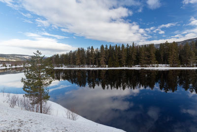 Scenic view of lake against sky during winter