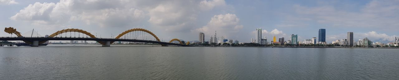 Panoramic view of bridge over river against buildings