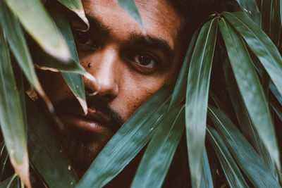 Close-up portrait of man amidst leaves