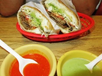 High angle view of breakfast served on table