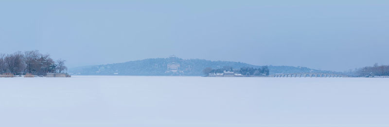 Scenic view of lake against clear blue sky