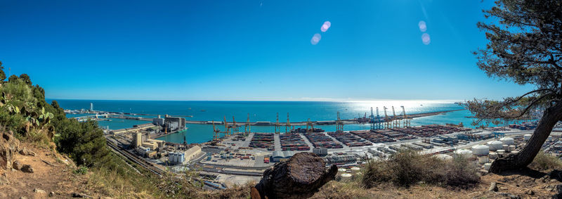 Panoramic shot of sea against clear blue sky