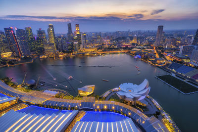 High angle view of illuminated buildings in city