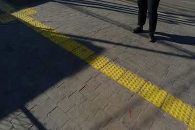 Low section of woman standing on zebra crossing