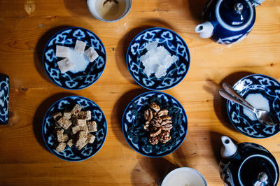 High angle view of objects on table