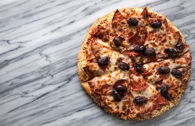 High angle view of pizza on table