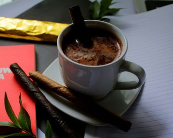 High angle view of coffee on table